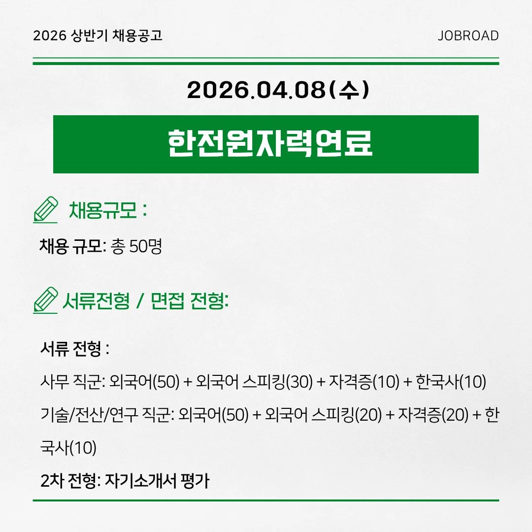 한전원자력연료 2026년 상반기 체험형 청년인턴 채용