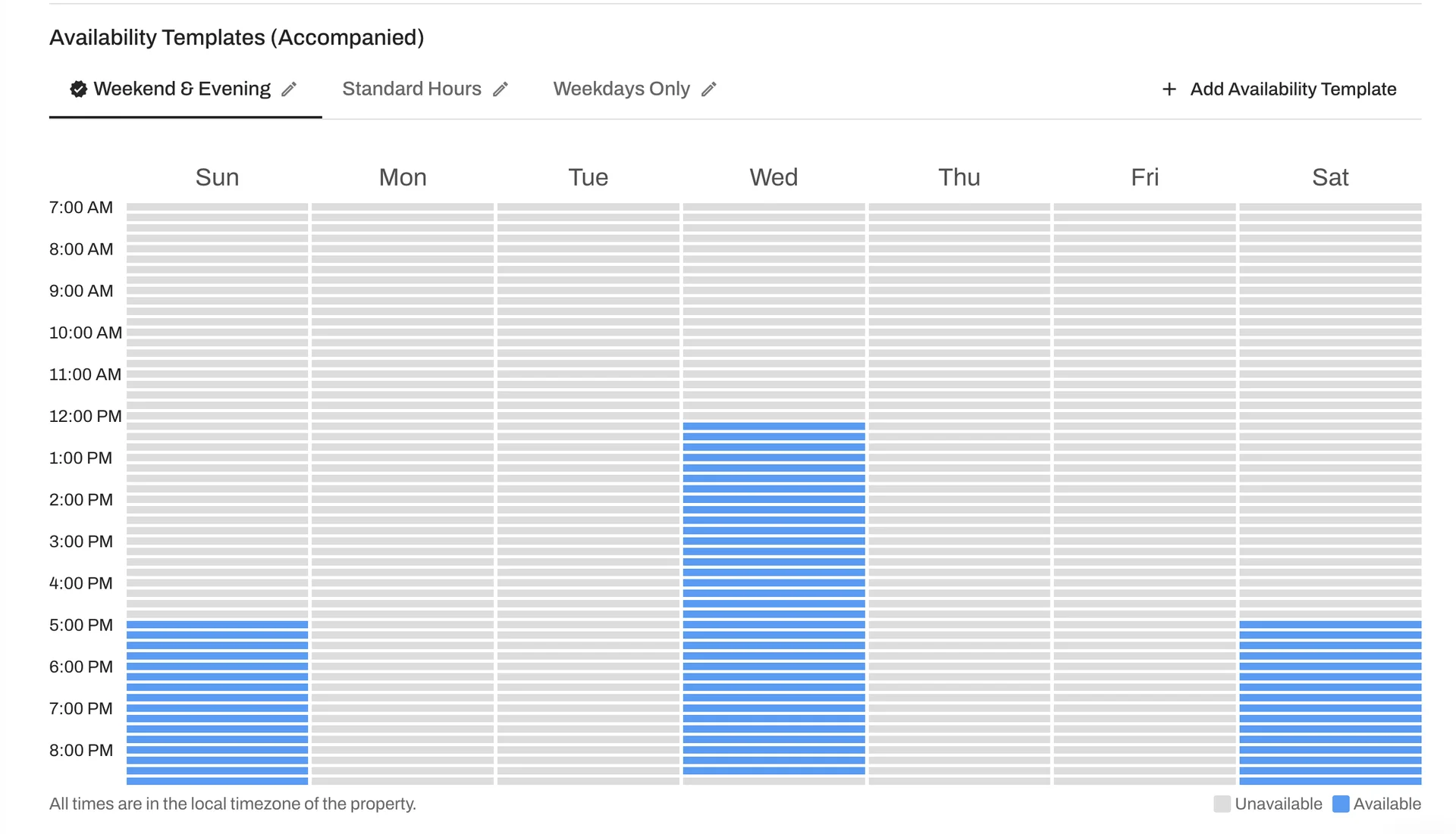Set Availability Templates at the company level that apply to all properties. 