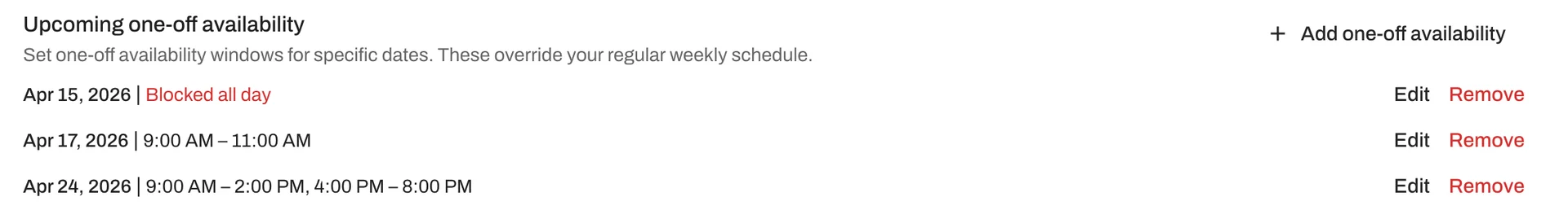 One-off availability can apply at both the company and property-level. 