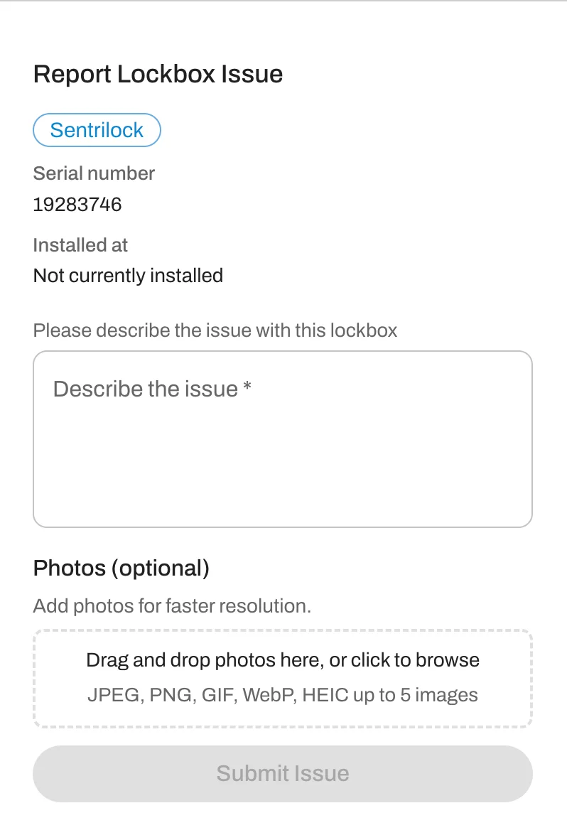Add a description and up 5 5 images when reporting a lockbox issue. 