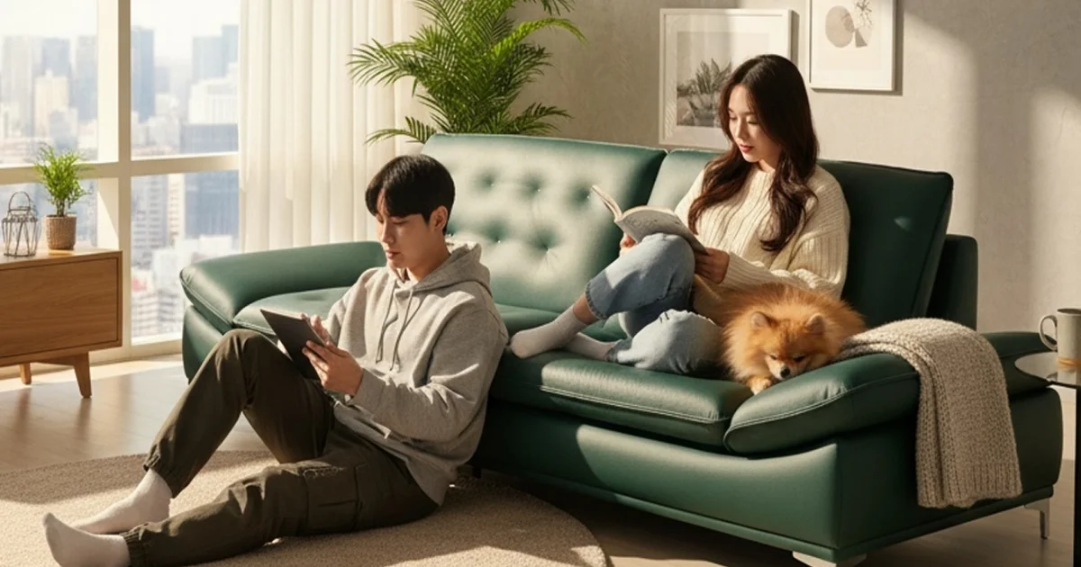 이사 후 넓은 거실에 놓인 4인용 소파 배치 예시