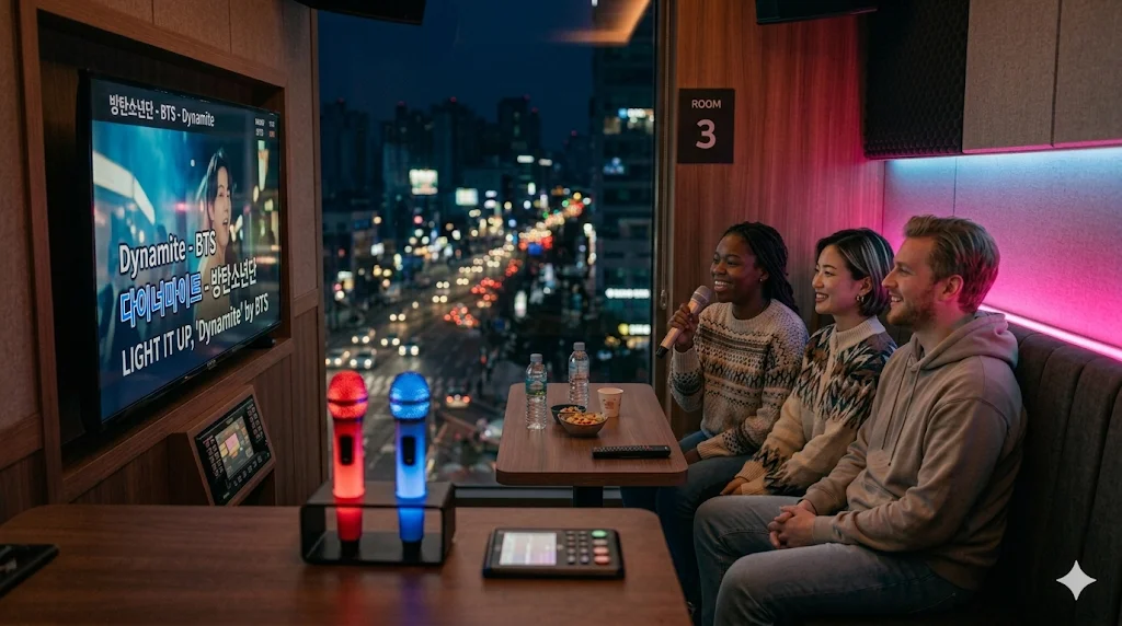 Friends singing karaoke