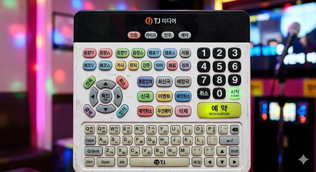 Close-up of TJ Media karaoke remote control with text