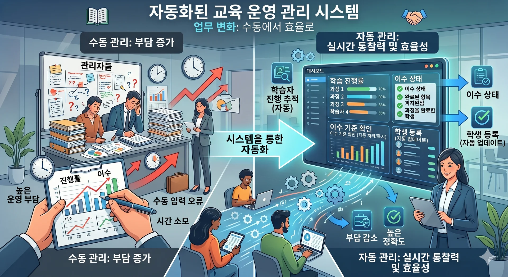 수동 교육 관리의 높은 운영 부담·오류 문제를, 이지캠퍼스 자동화 시스템으로 학습 진행률·이수 현황을 실시간 관리하는 방식으로 개선한 과정을 비교 도식화한 이미지