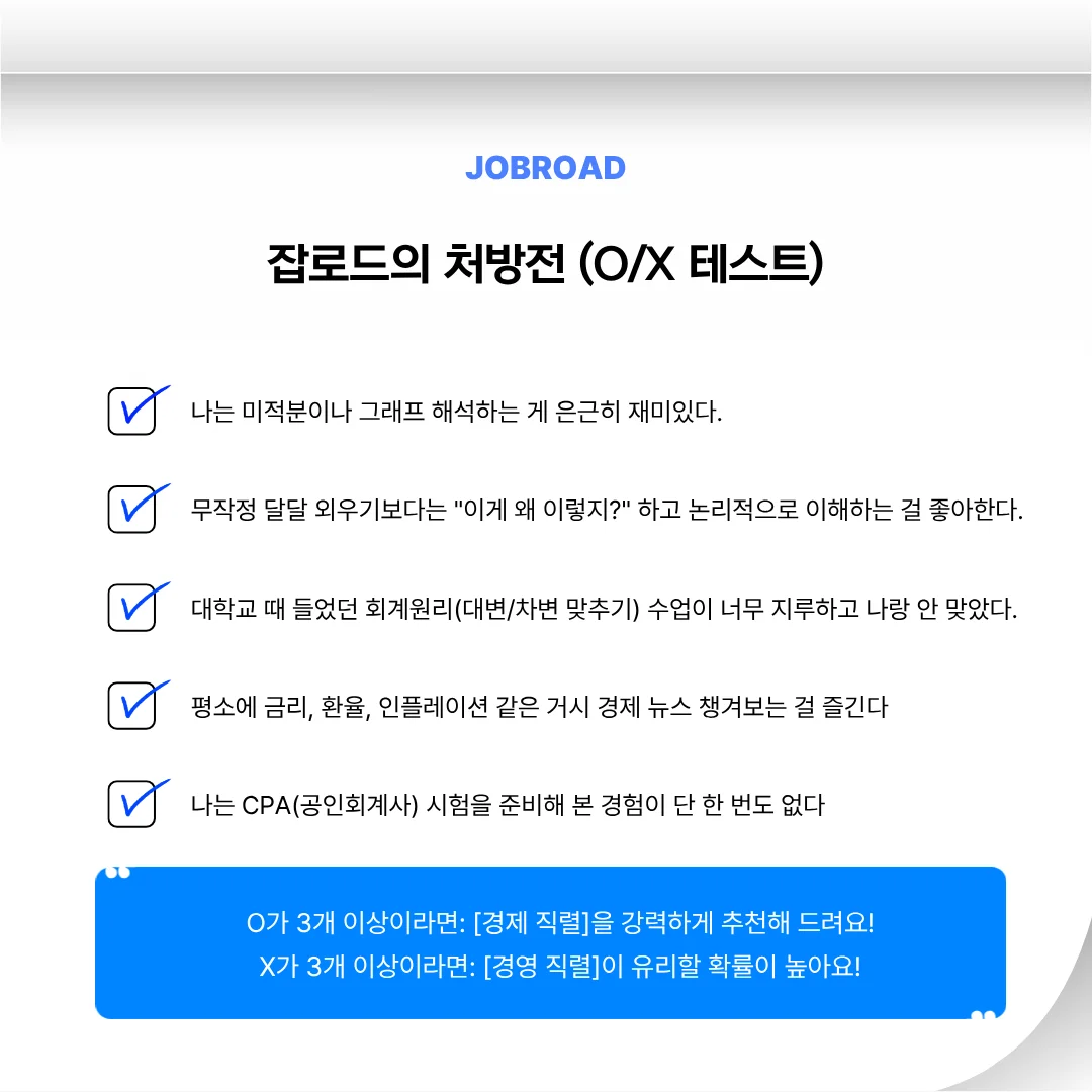 미적분 선호도, 논리적 사고, 회계 적성, 경제 뉴스 관심도 등을 묻는 JOBROAD 직렬 처방전 이미지