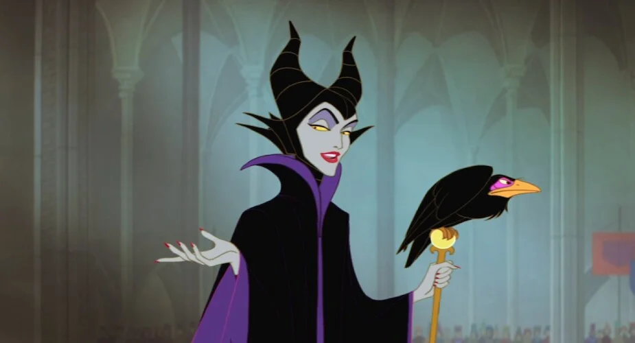 Disney villain Maleficent in black and purple with her raven, an iconic fantasy antagonist and character design reference.