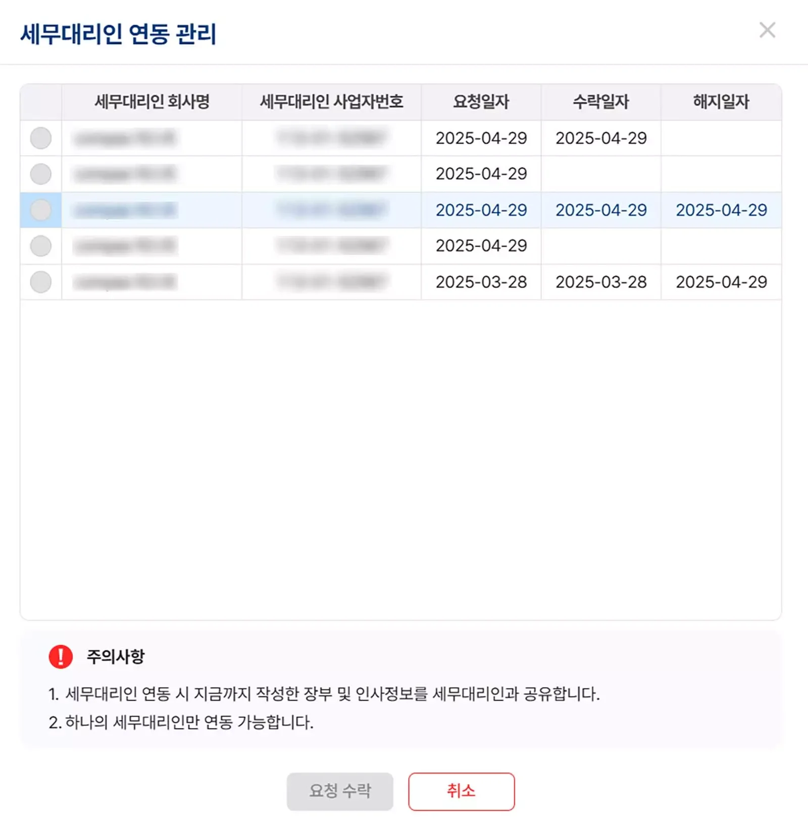 세무대리인과 장부 및 인사 정보를 실시간으로 공유하고 협업할 수 있는 파로스 ERP 연동 관리 화면