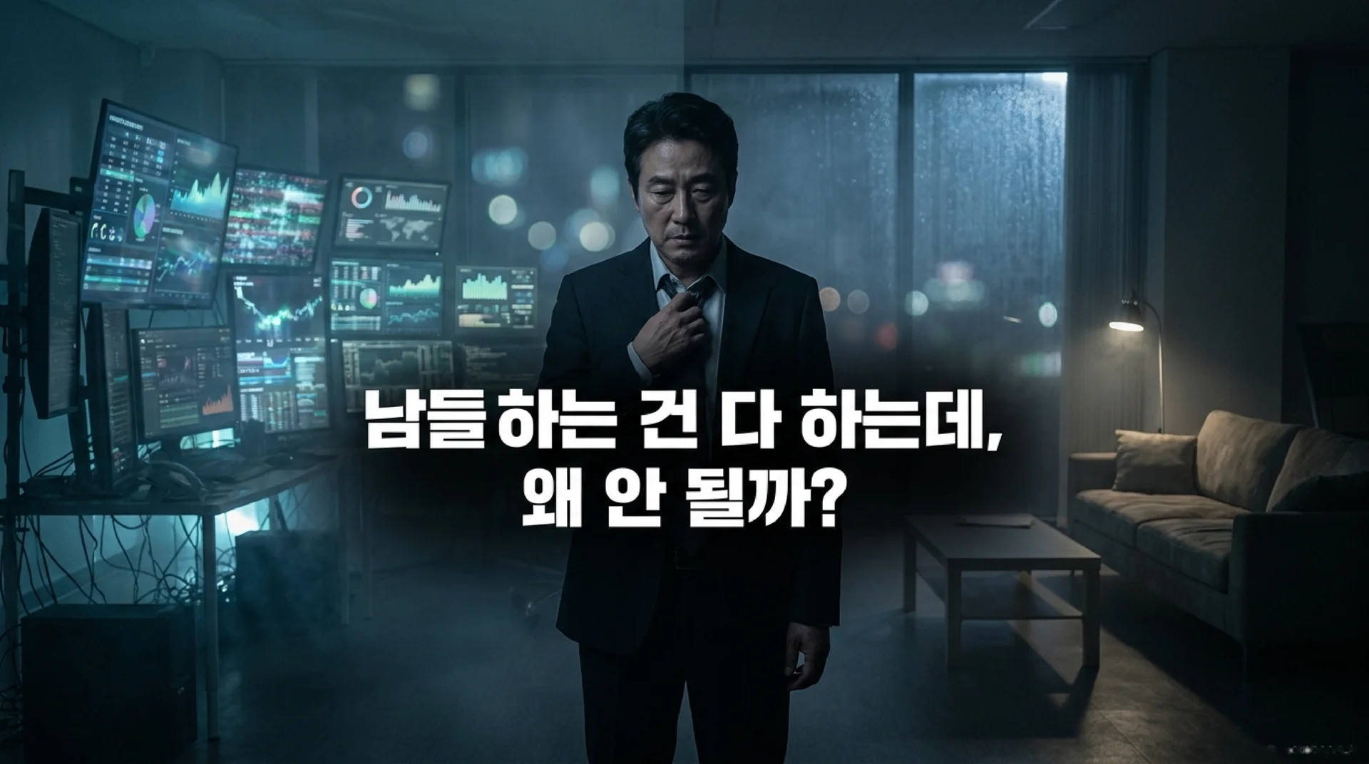 여러 대의 모니터와 데이터 화면이 보이는 사무실에서 넥타이를 매만지며 고민하는 정장 차림의 중년 남성. '남들 하는 건 다 하는데, 왜 안 될까?'라는 질문이 화면에 표시되어 있다.