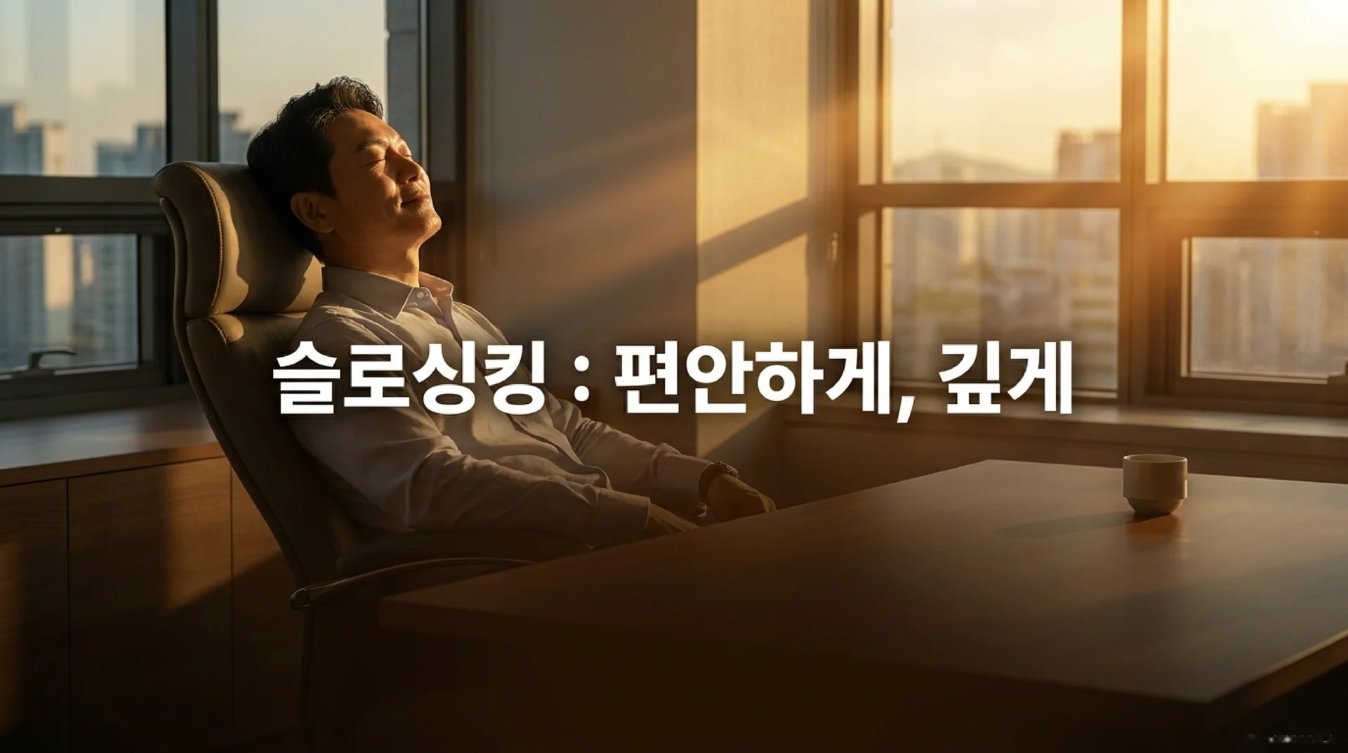 따뜻한 오후 햇살이 비치는 사무실에서 의자에 기대어 눈을 감고 편안하게 쉬고 있는 남성. '슬로싱킹 : 편안하게, 깊게'라는 텍스트가 있다.