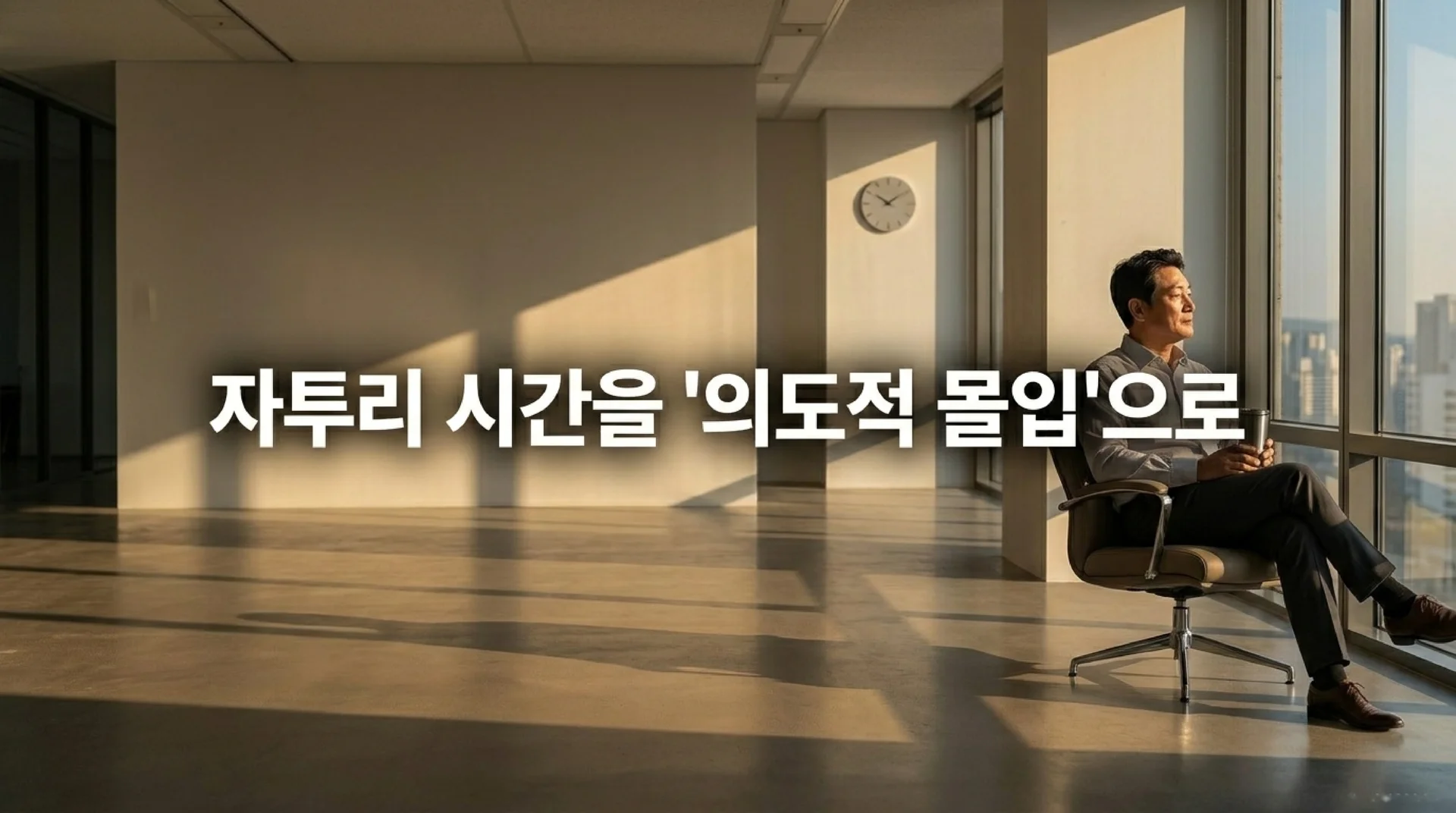 탁 트인 통유리 옆 의자에 앉아 먼 곳을 바라보는 남성. 벽면 시계가 시간의 흐름을 상징한다. '자투리 시간을 의도적 몰입으로'라는 텍스트가 있다.
