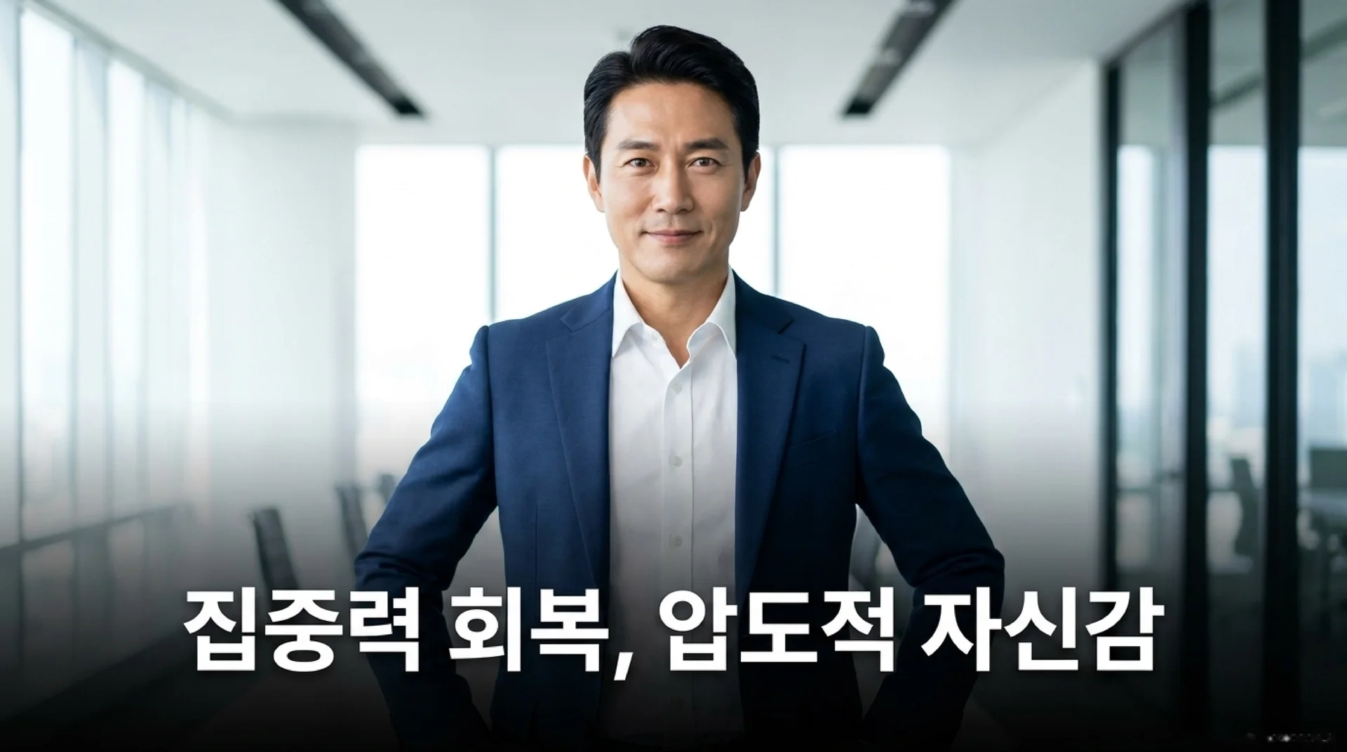 밝은 회의실에서 파란 정장을 입고 자신감 있게 미소 짓는 남성. '집중력 회복, 압도적 자신감'이라는 텍스트가 있다.