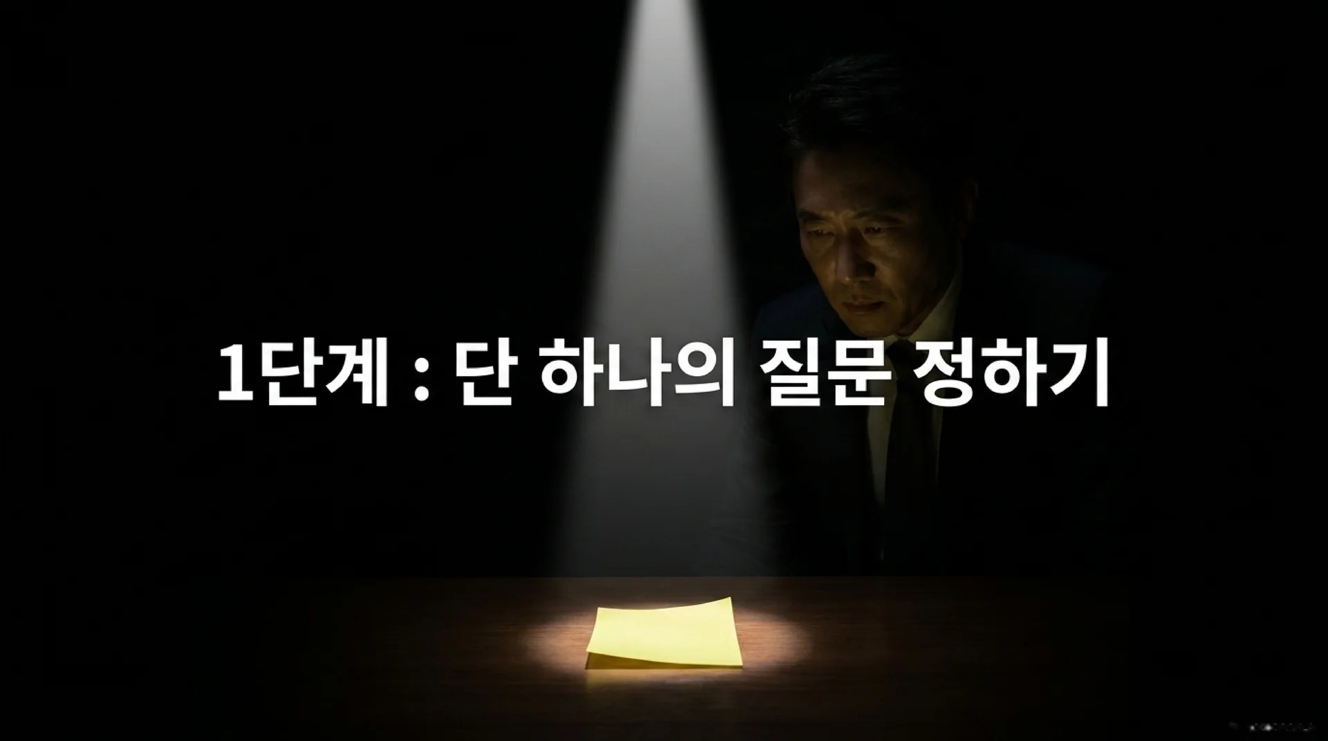 어두운 공간에서 스포트라이트 아래 놓인 포스트잇 한 장을 내려다보는 남성. '1단계 : 단 하나의 질문 정하기'라는 텍스트가 있다.
