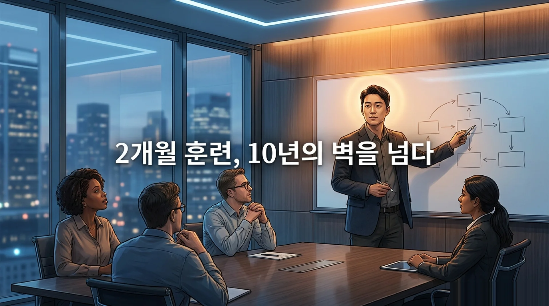 야간 도시 전경이 보이는 회의실에서 한 남성이 화이트보드에 플로차트를 그리며 다국적 팀원들에게 발표하는 장면. '2개월 훈련, 10년의 벽을 넘다' 텍스트