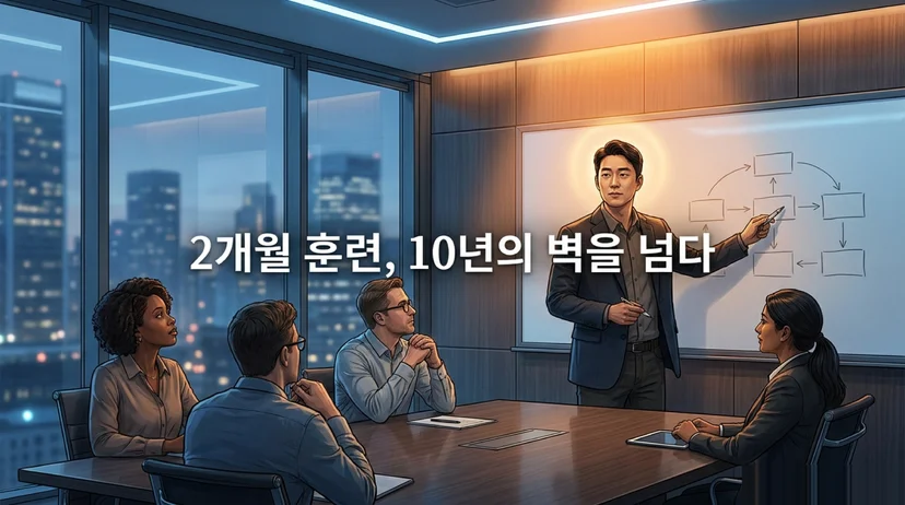 야간 도시 전경이 보이는 회의실에서 한 남성이 화이트보드에 플로차트를 그리며 다국적 팀원들에게 발표하는 장면. '2개월 훈련, 10년의 벽을 넘다' 텍스트