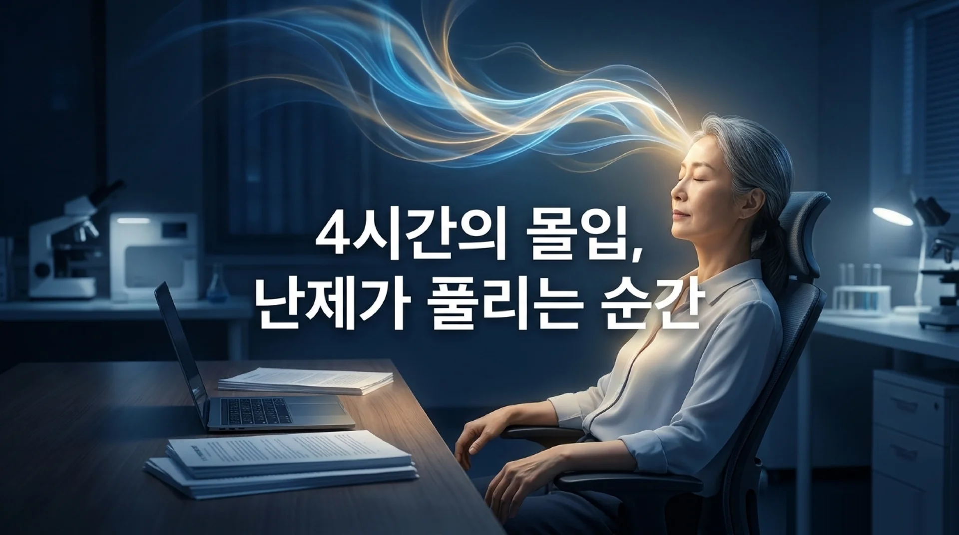 연구실에서 노트북 앞에 앉아 눈을 감고 있는 중년 여성 연구자. 머리 위로 푸른 빛의 에너지 흐름이 피어오른다. '4시간의 몰입, 난제가 풀리는 순간' 텍스트