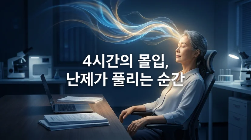 연구실에서 노트북 앞에 앉아 눈을 감고 있는 중년 여성 연구자. 머리 위로 푸른 빛의 에너지 흐름이 피어오른다. '4시간의 몰입, 난제가 풀리는 순간' 텍스트