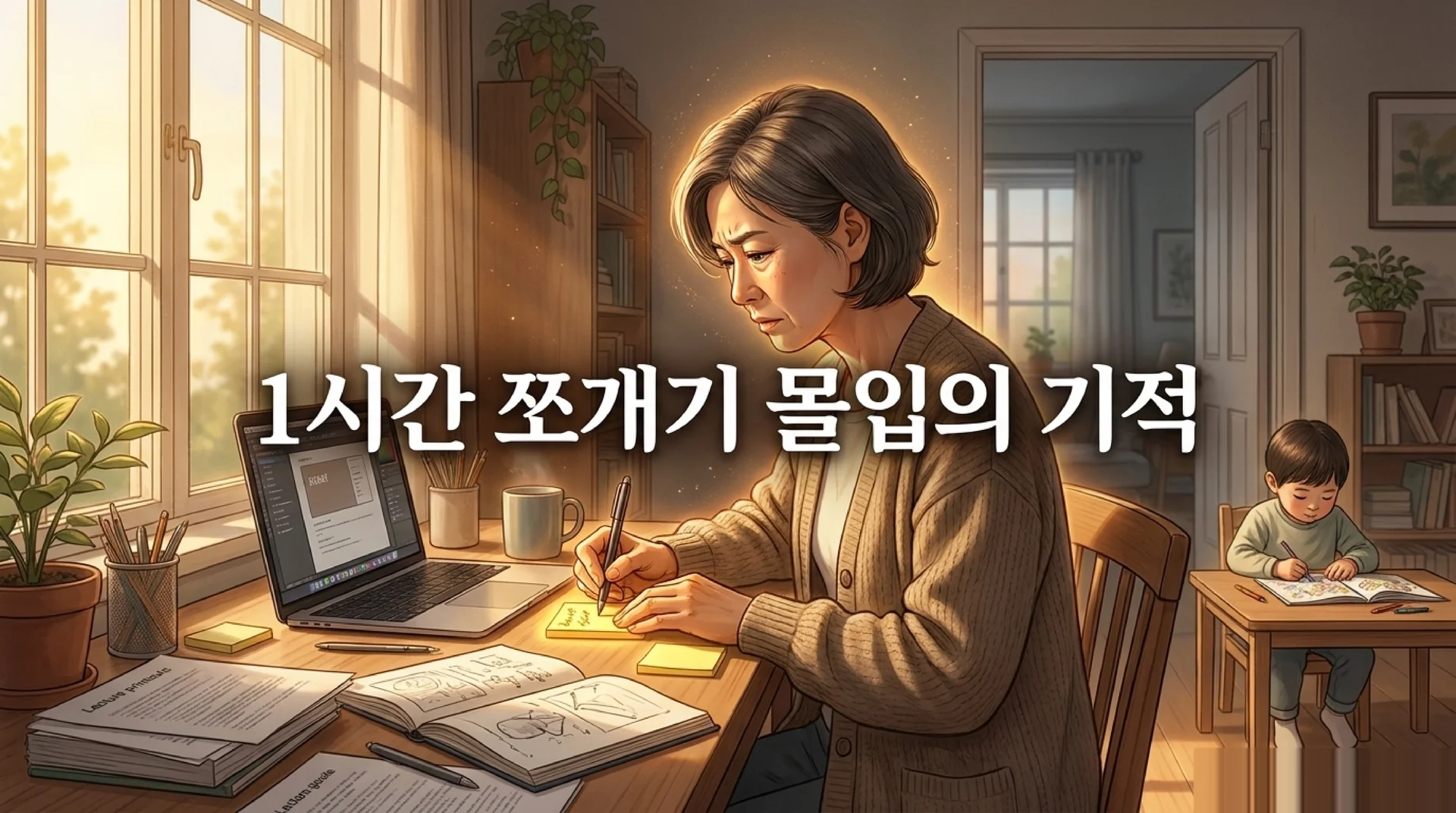 햇살 들어오는 가정집 책상에서 집중하여 노트를 쓰는 중년 여성. 뒤편에는 아이가 그림을 그리고 있다. '1시간 쪼개기 몰입의 기적' 텍스트