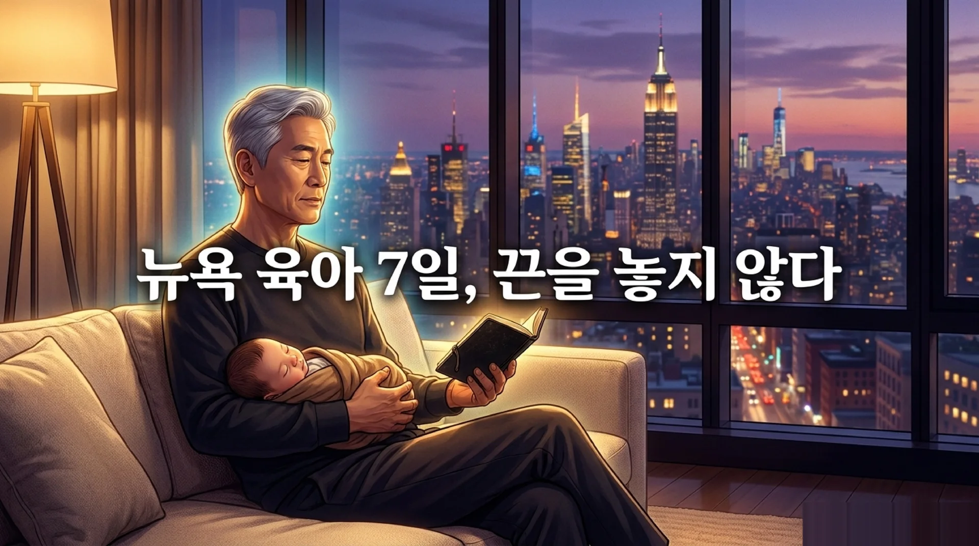 뉴욕 야경이 보이는 고층 아파트 소파에서 아기를 안고 책을 읽는 백발의 중년 남성. '뉴욕 육아 7일, 끈을 놓지 않다' 텍스트