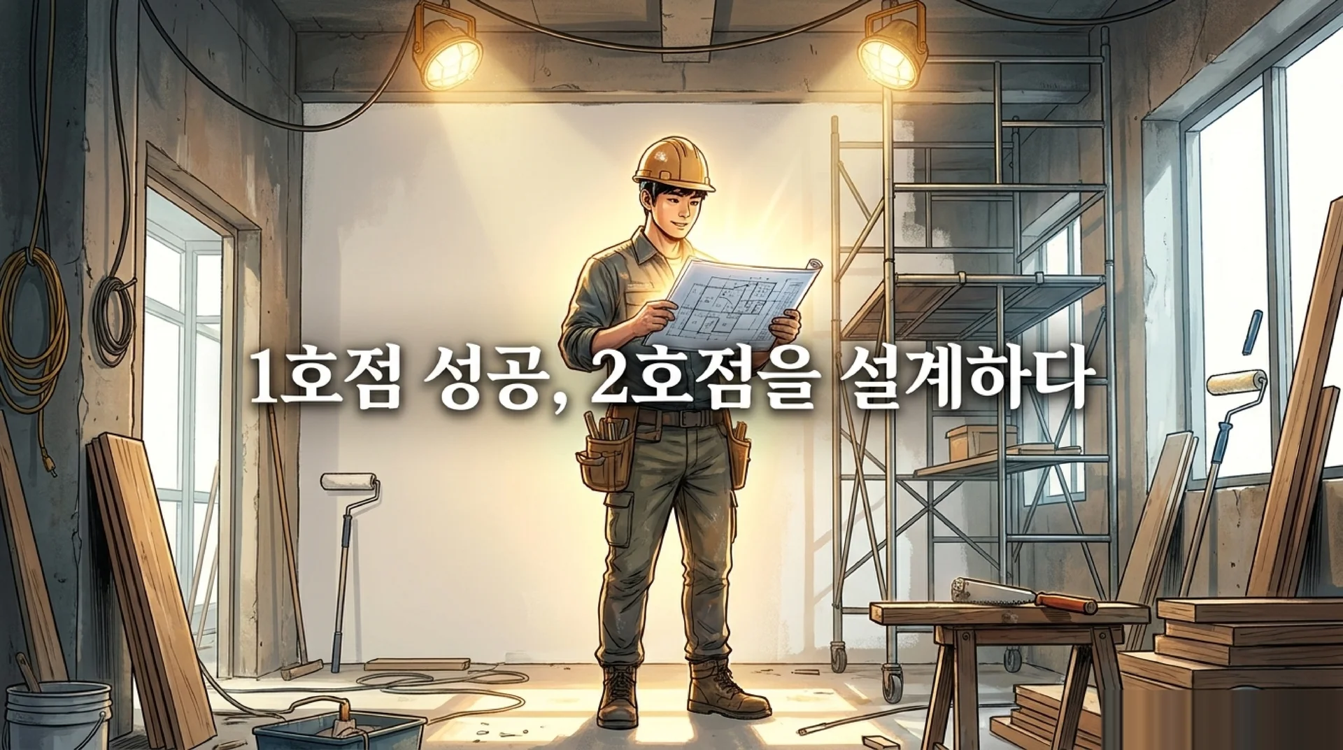 공사 중인 인테리어 현장에서 안전모를 쓰고 설계도면을 살펴보는 청년. '1호점 성공, 2호점을 설계하다' 텍스트