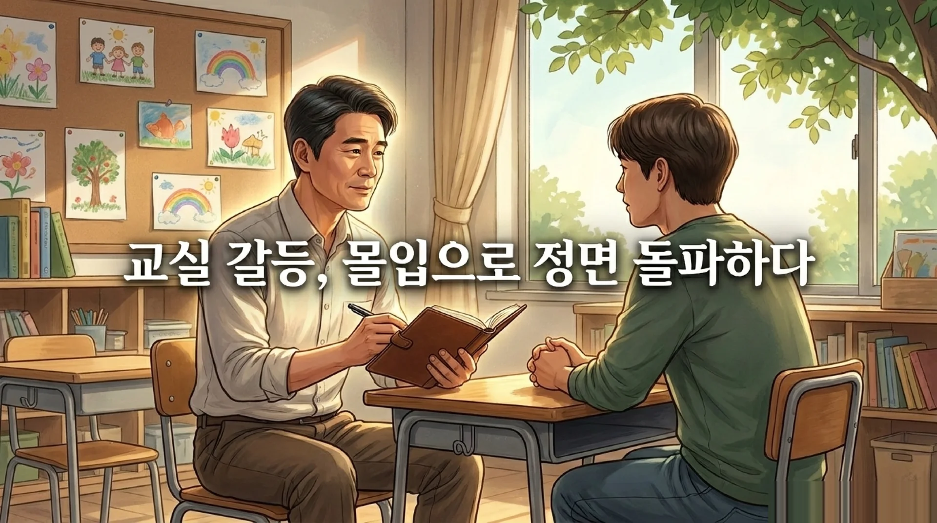 밝은 초등학교 교실에서 남성 교사가 노트를 펴고 학생과 1:1로 대화하는 장면. '교실 갈등, 몰입으로 정면 돌파하다' 텍스트