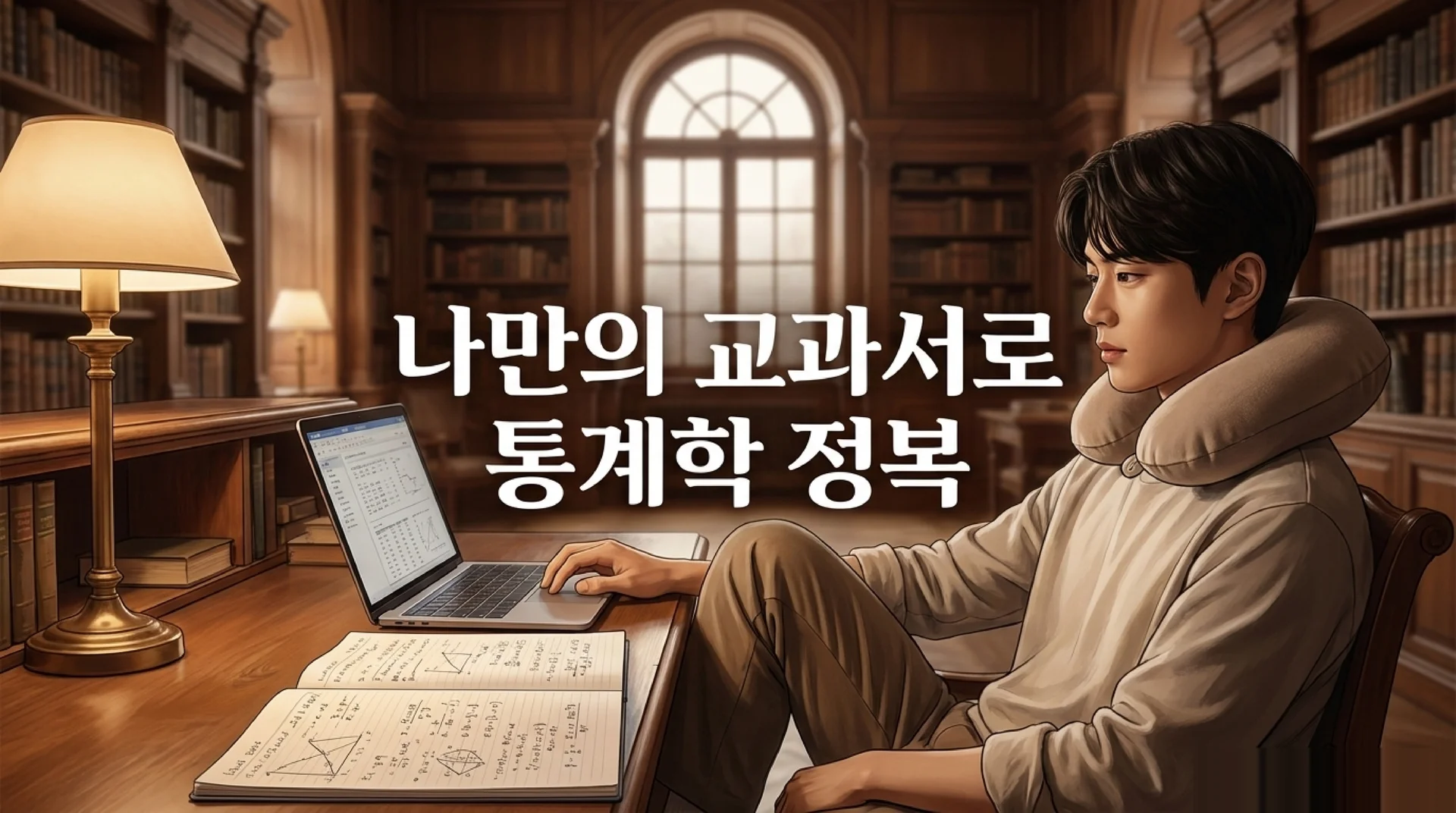 고풍스러운 서재에서 노트북과 손 필기 노트를 펼쳐놓고 공부하는 청년. '나만의 교과서로 통계학 정복' 텍스트