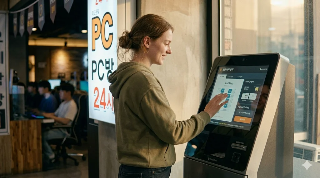 Customer using PC Bang kiosk for seat selection