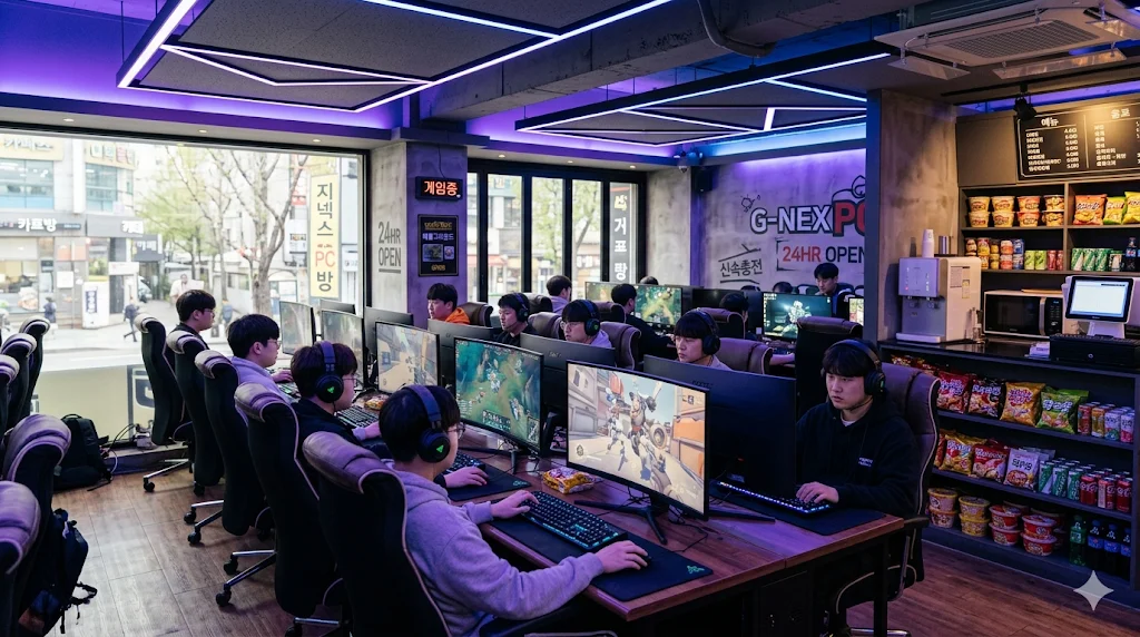 PC Bang with gamers, glowing monitors and food