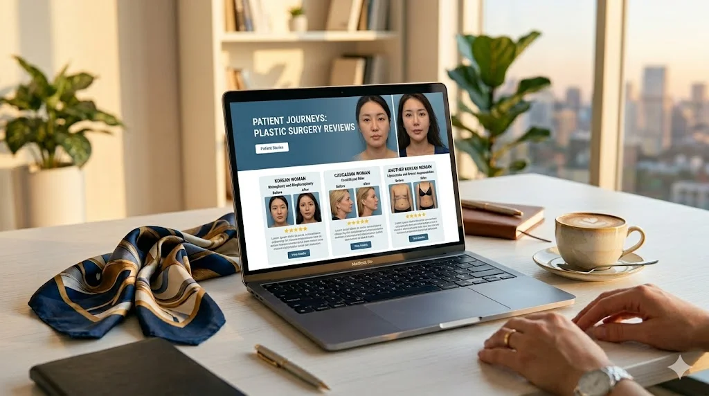 Laptop screen displaying Korean plastic surgery patient reviews