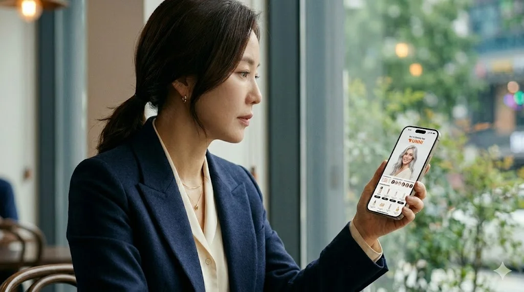 Woman using Korean beauty app on her smartphone