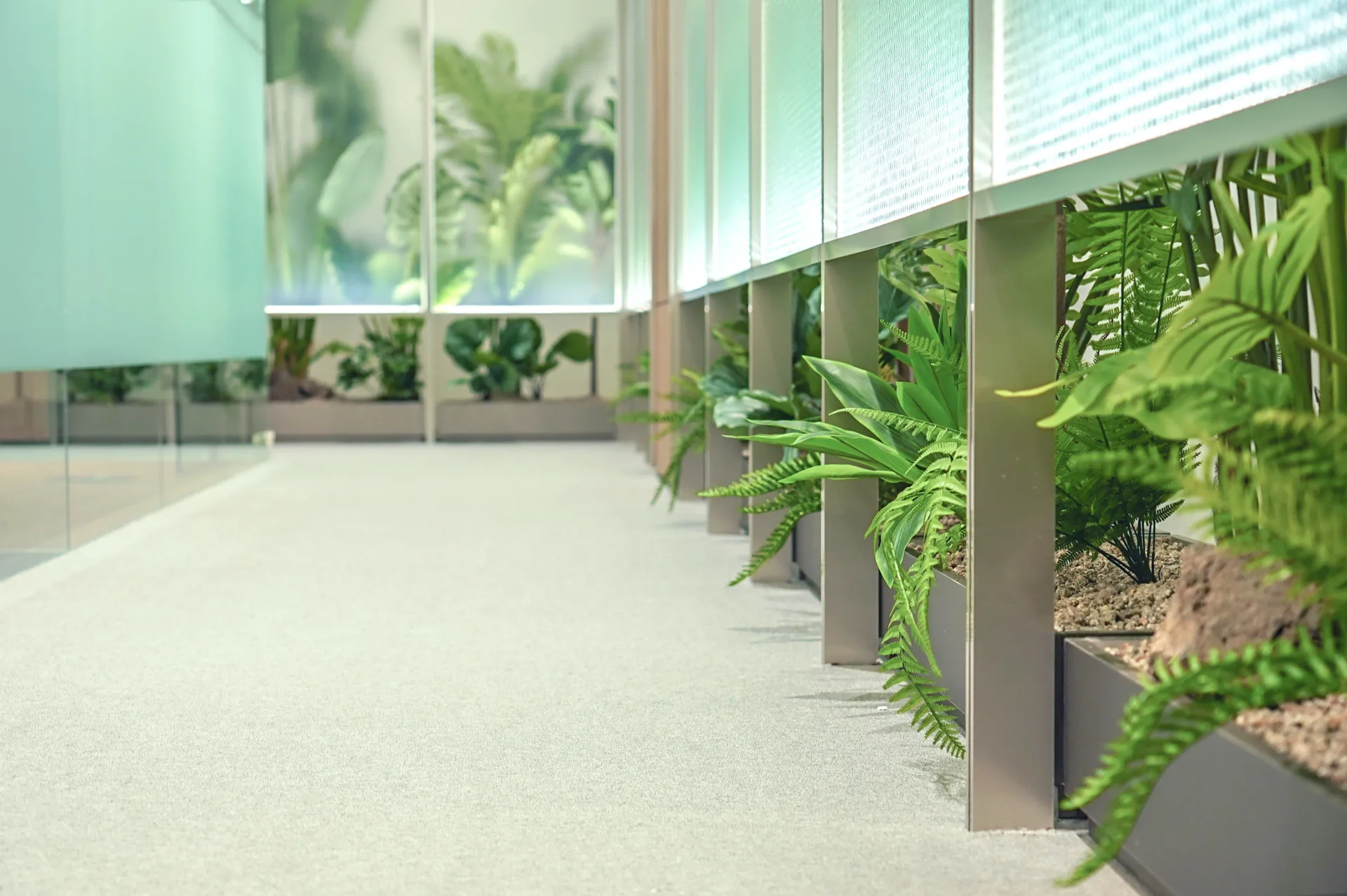 사옥 복도 라인, 하단 플랜트박스 실내조경 기업 플랜테리어