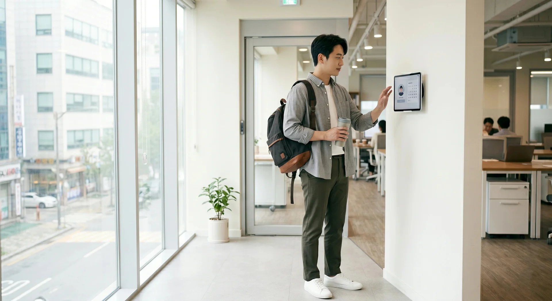 사무실 입구에서 태블릿으로 출근 체크하는 직원