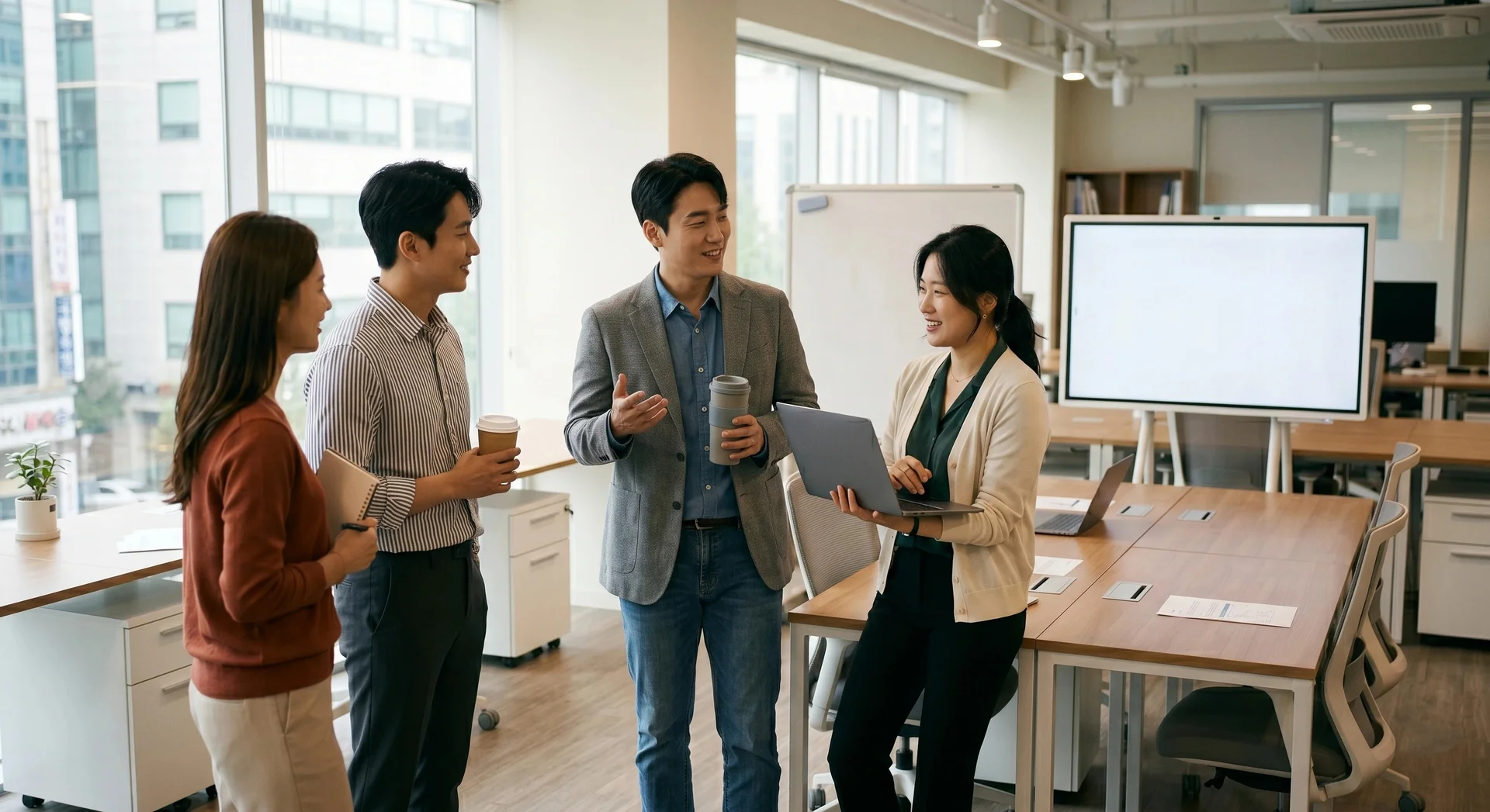 밝은 사무실에서 편안하게 스탠드업 미팅하는 팀원들