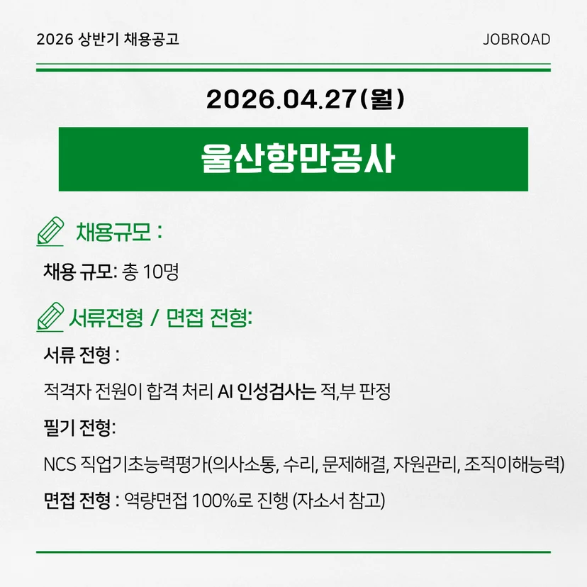 2026년 상반기 울산항만공사 채용공고 요약. 채용 규모 총 10명. 서류전형 적격자 전원 합격 및 AI 인성검사 적부 판정, 필기전형 NCS 직업기초능력평가, 면접전형 역량면접 100퍼센트 반영 안내.