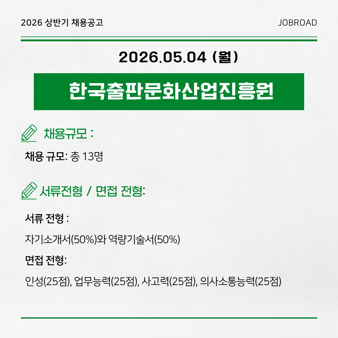 2026년 상반기 한국출판문화산업진흥원 채용공고 요약. 채용 규모 총 13명. 서류전형 자기소개서 및 역량기술서 평가, 면접전형 인성, 업무능력, 사고력, 의사소통능력 평가 안내.