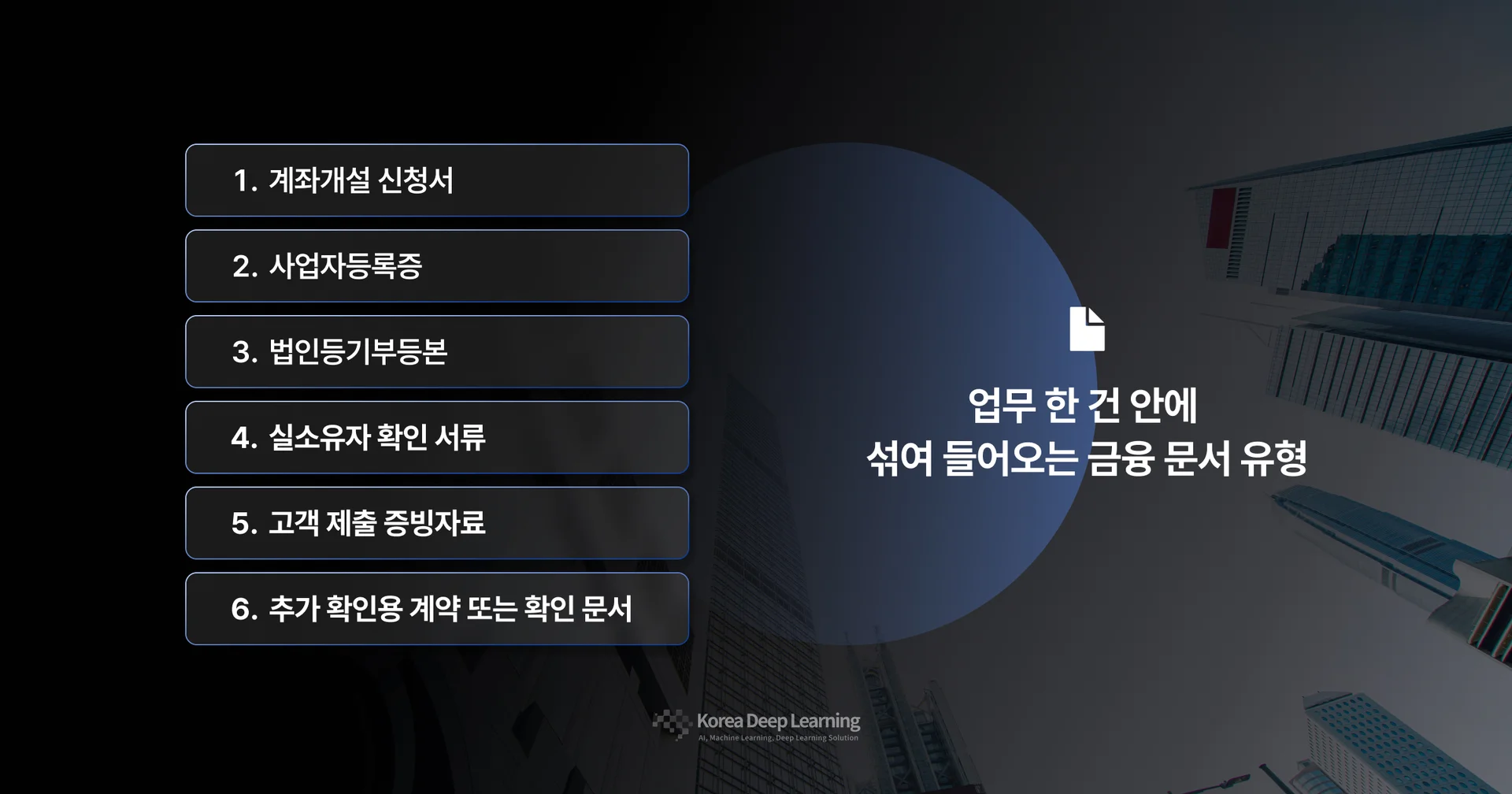 금융권 계좌 개설 및 법인 고객 확인(KYC)에 필요한 6가지 주요 문서 유형(사업자등록증, 등기부등본 등) 리스트와 한국딥러닝의 자동화 처리 범위