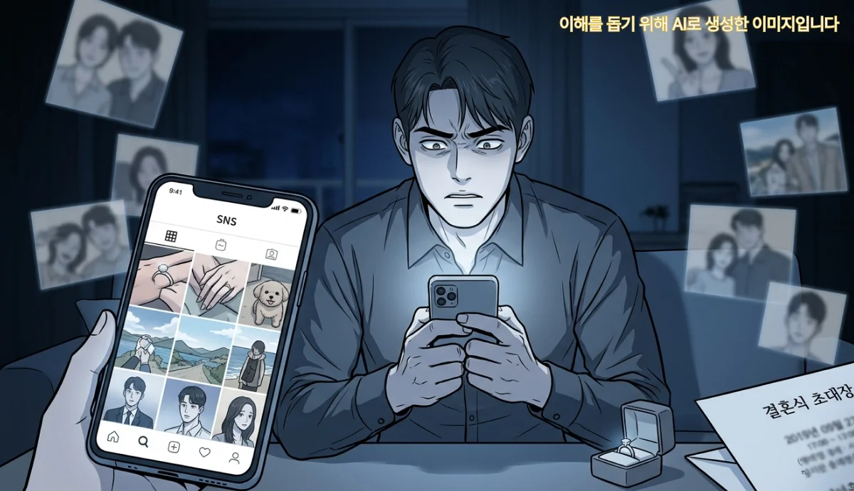 전 연인이 올린 sns 사진을 보고 있는 남성 일러스트