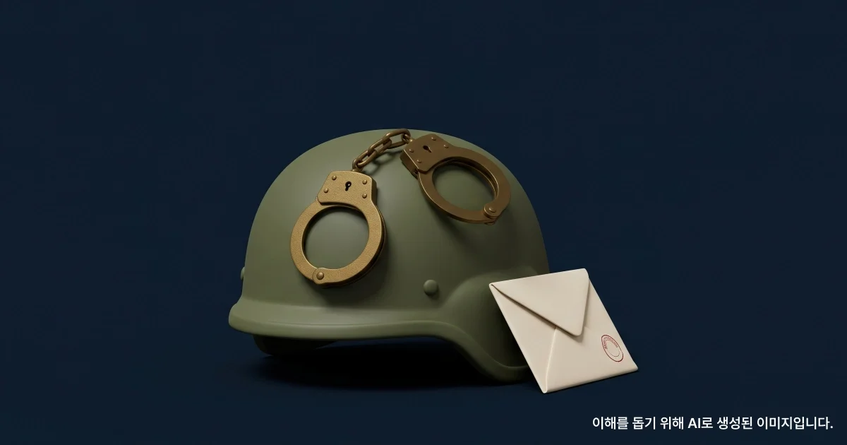 군용 헬멧과 그 위에 수갑에 놓여져있고 붉은 인장이 찍힌 봉투가 놓여 있는 이미지
