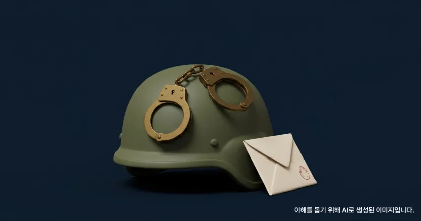 군용 헬멧과 그 위에 수갑에 놓여져있고 붉은 인장이 찍힌 봉투가 놓여 있는 이미지
