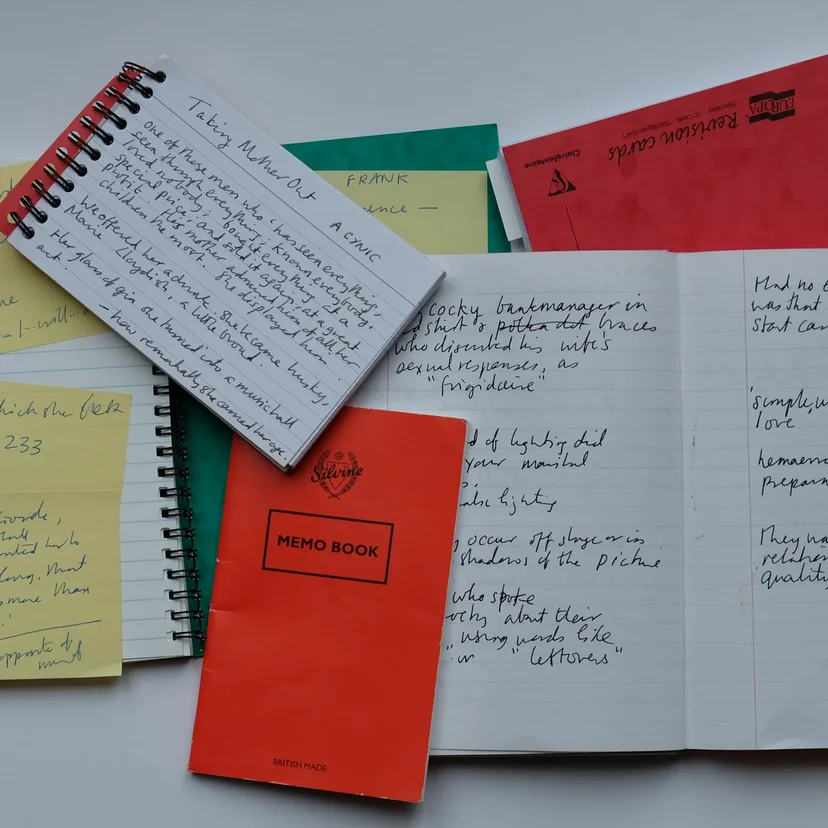 A scattered collection of handwritten novel notes, spiral notebooks, loose papers, and memo books spread across a desk, illustrating the chaos of organizing writing notes, story ideas, and worldbuilding details during the novel writing process.