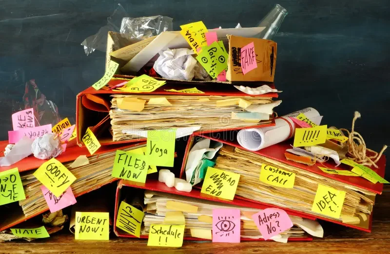 An overflowing stack of messy folders, sticky notes, loose papers, and handwritten documents, representing disorganized novel notes, scattered writing materials, and the difficulty of managing story information for fiction writers.