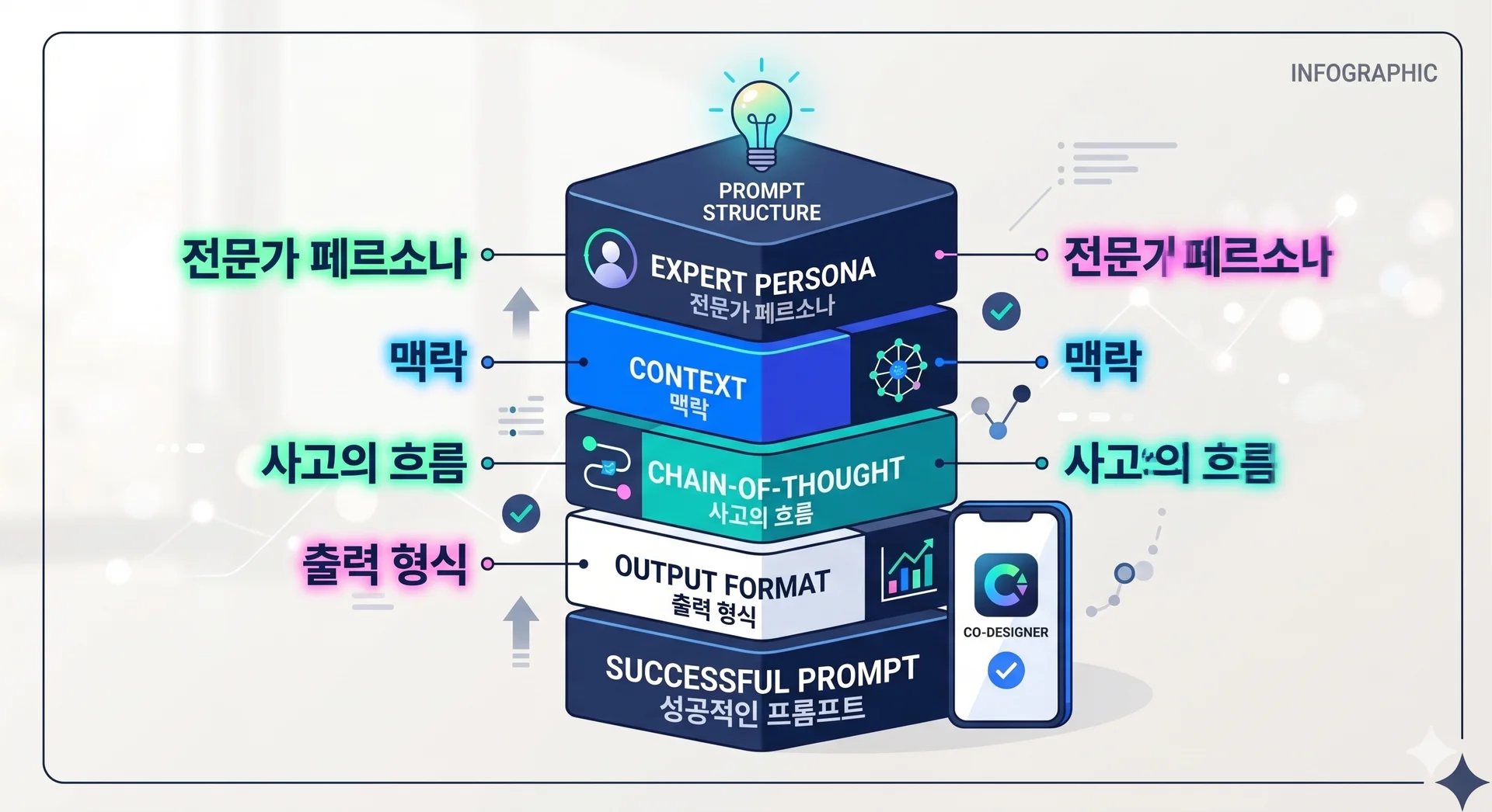'전문가 페르소나', '맥락', '사고의 흐름', '출력 형식' 블록이 깔끔하게 쌓여 프롬프트의 논리적 구조를 보여주는 교육적인 인포그래픽 디자인