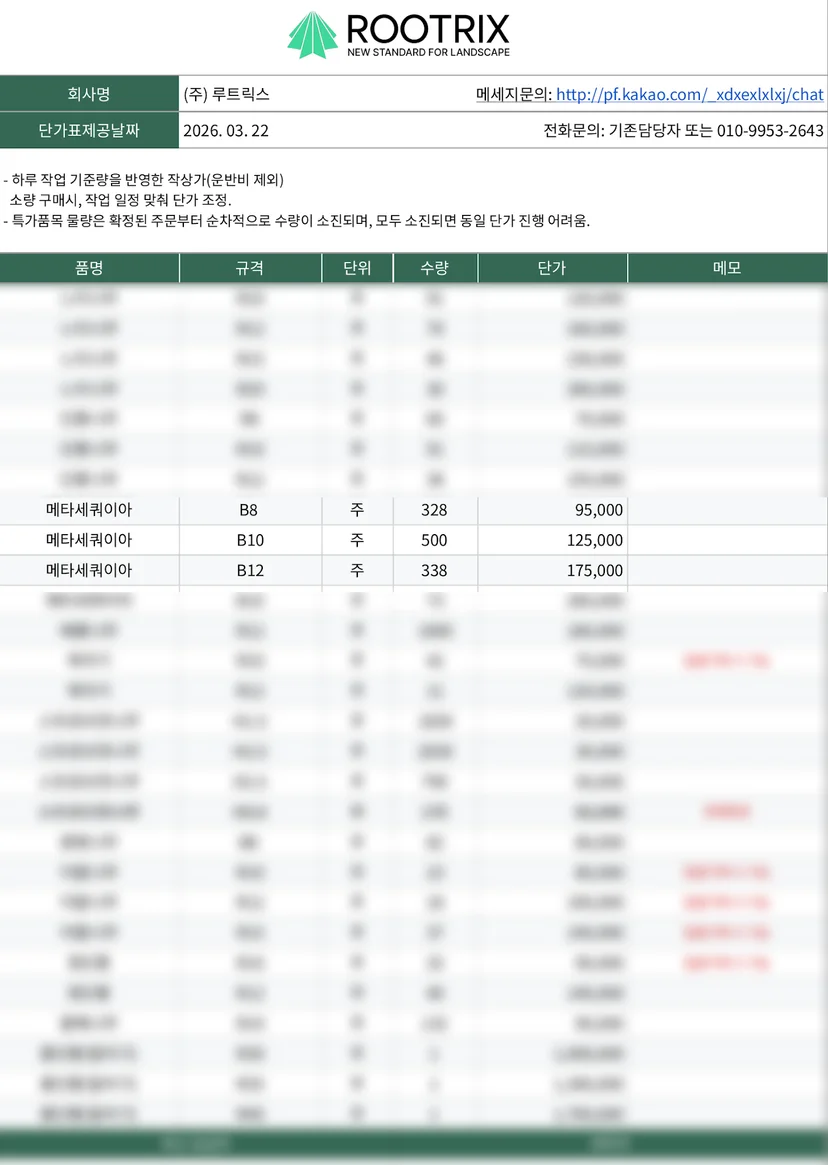 2026년 3월 메타세쿼이아 단가 일부 공개 (B8~B12)