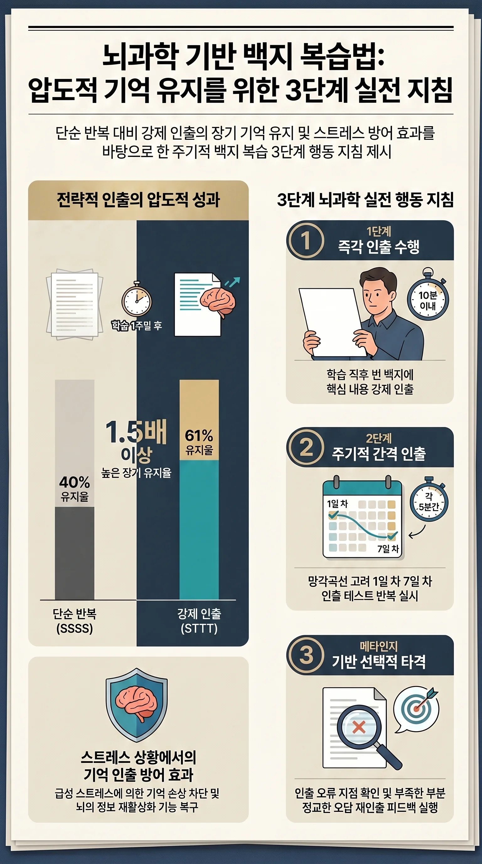 단순 반복 학습(40%)과 강제 인출 학습(61%)의 장기 기억 유지율 수치를 대비하여 보여주고, 에빙하우스 망각곡선 원리를 결합한 3단계 백지 복습법(1단계 10분 내 즉각 인출, 2단계 1일 및 7일 차 간격 인출, 3단계 메타인지 오류 지점 선택적 타격)의 핵심 흐름을 명확하게 시각화한 뇌과학 기반 실전 행동 지침 인포그래픽