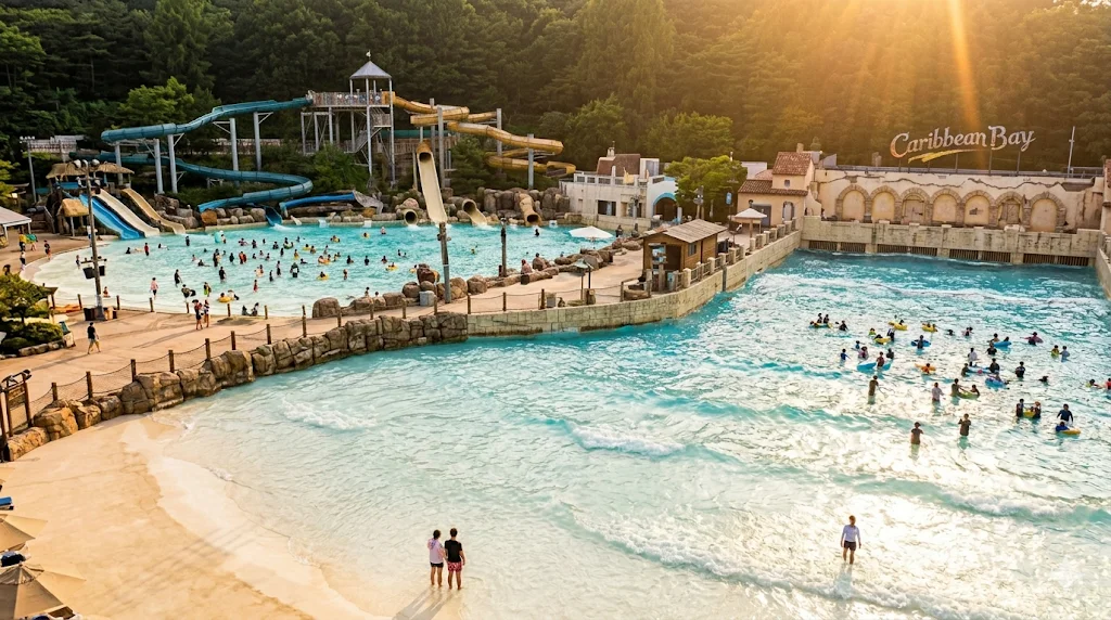 Panoramic view of Caribbean Bay wave pool under sunset