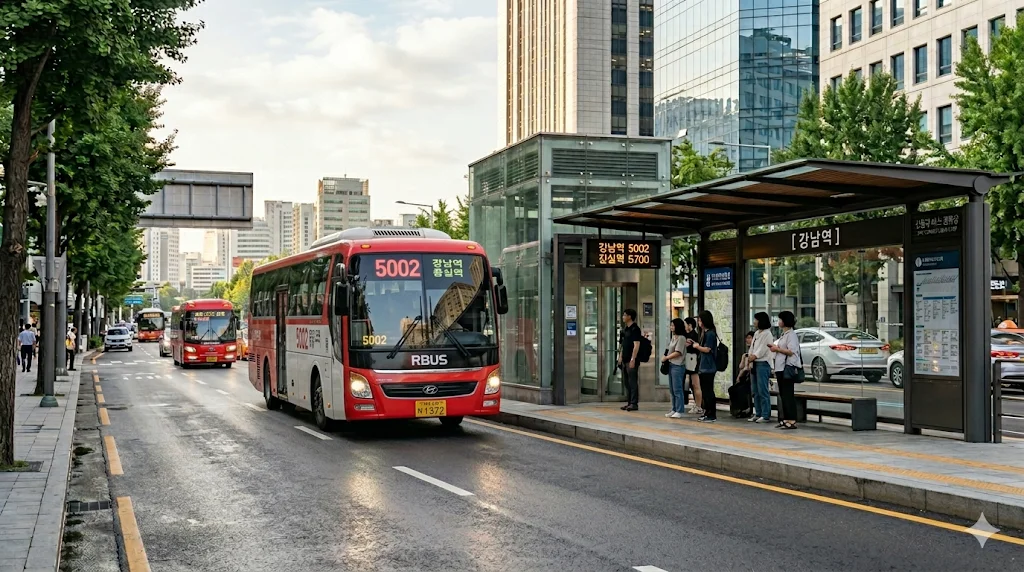 Red bus 5002 at Gangnam Station for Everland Station