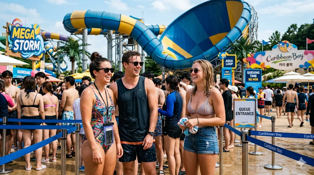 Expats standing at Mega Storm queue entrance Caribbean Bay