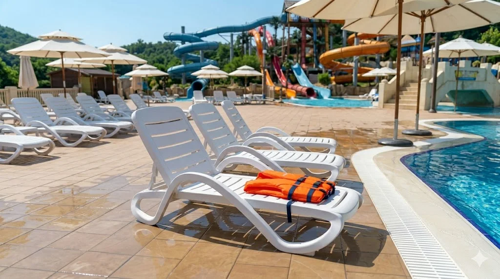 Orange life jacket on white sunbed at water park