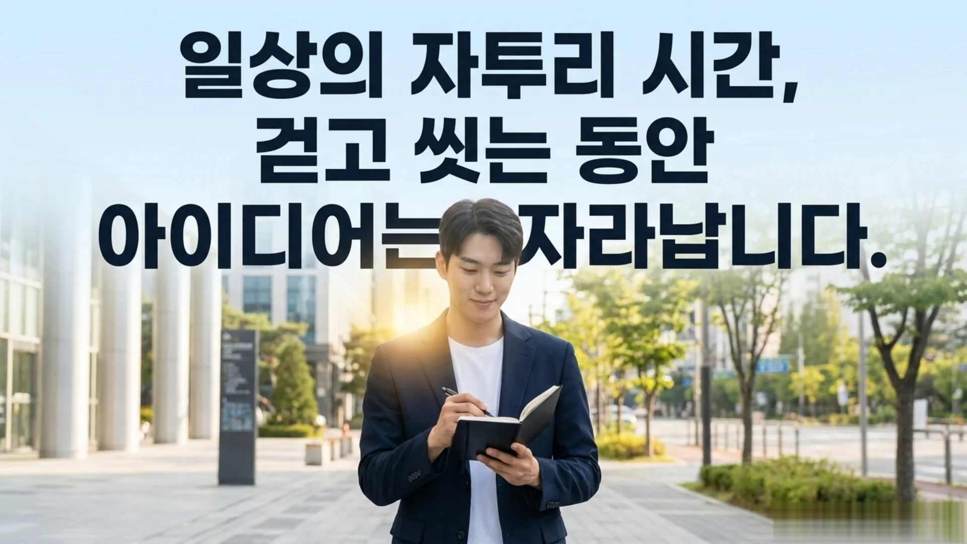 햇살이 비치는 도심 야외에서 걸으며 노트에 아이디어를 받아 적는 남성 직장인