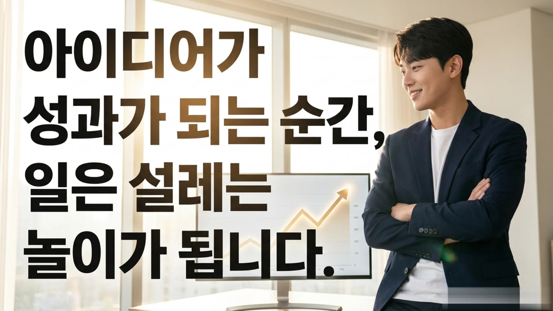 밝은 창가 사무실에서 팔짱을 끼고 자신감 있게 서 있는 남성과 배경의 상승 그래프 화면