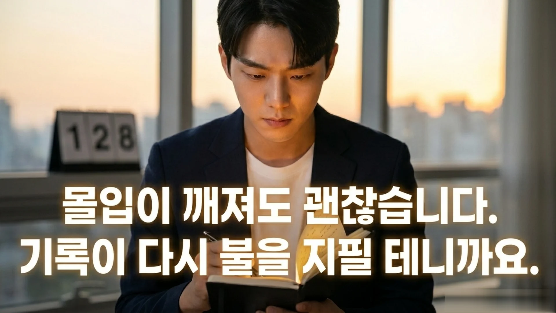 노을빛이 드는 고층 사무실 창가에서 노트를 펼쳐 읽으며 사색하는 남성 직장인